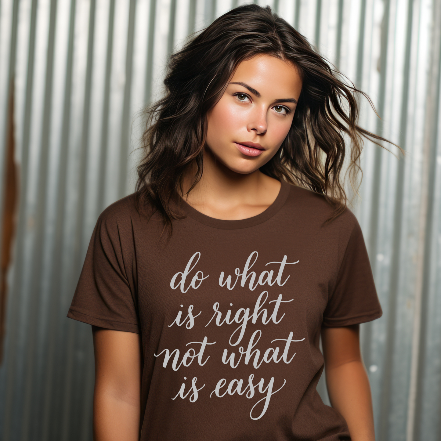 Woman wearing a brown t-shirt with a motivational quote against a corrugated metal background