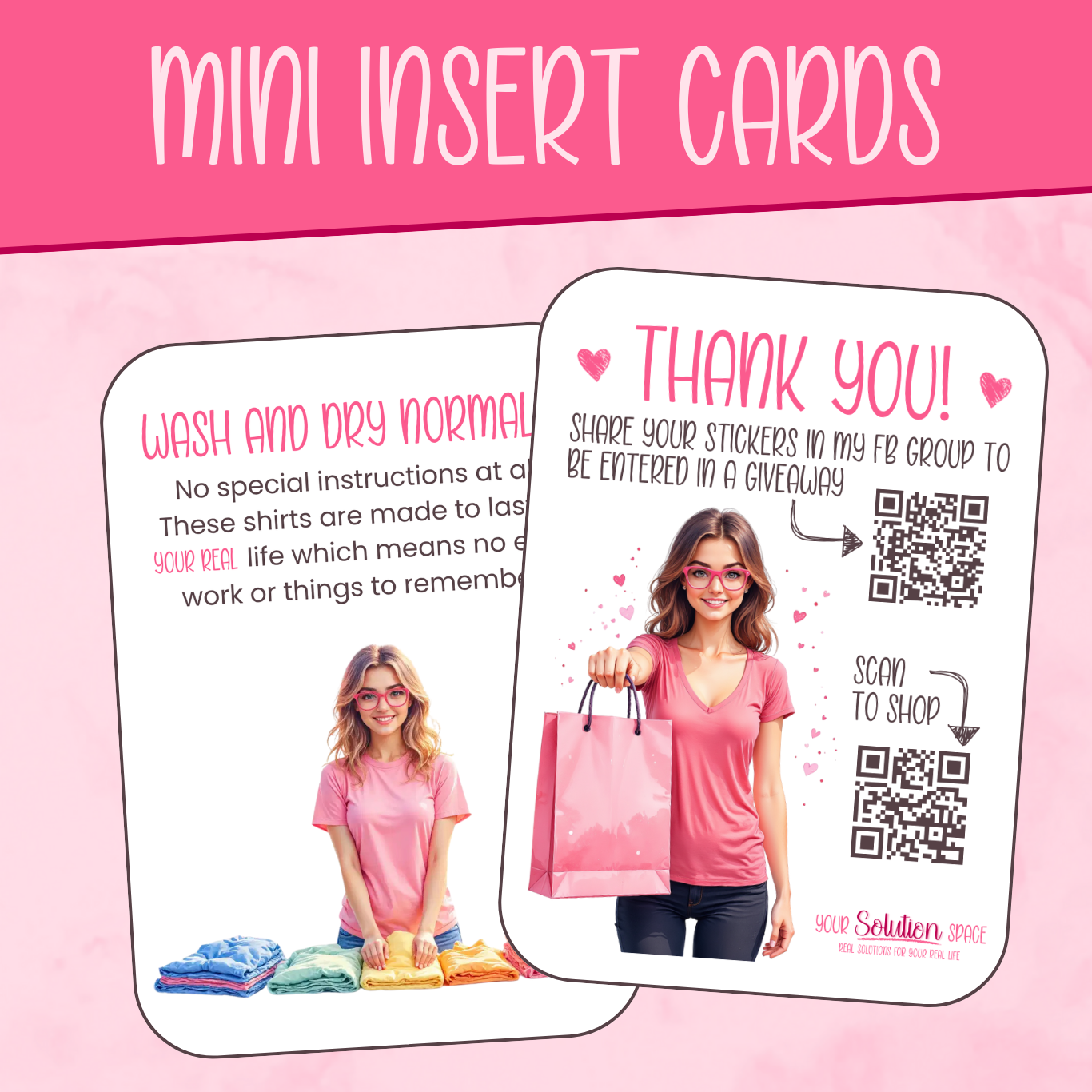 Two mini insert cards with text and images on a pink background