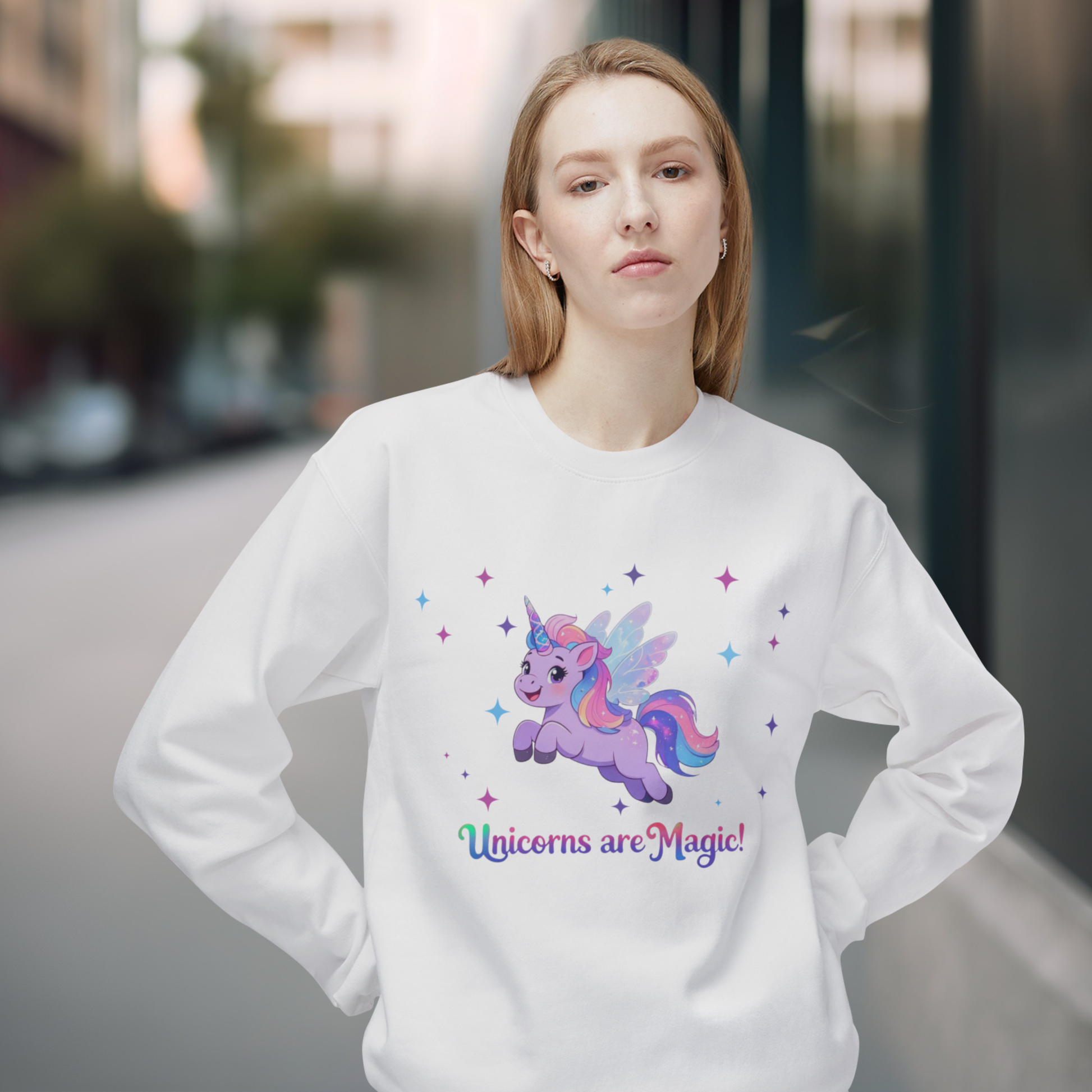 Person wearing a white sweatshirt with a unicorn graphic and 'Unicorns are Magic!' text.