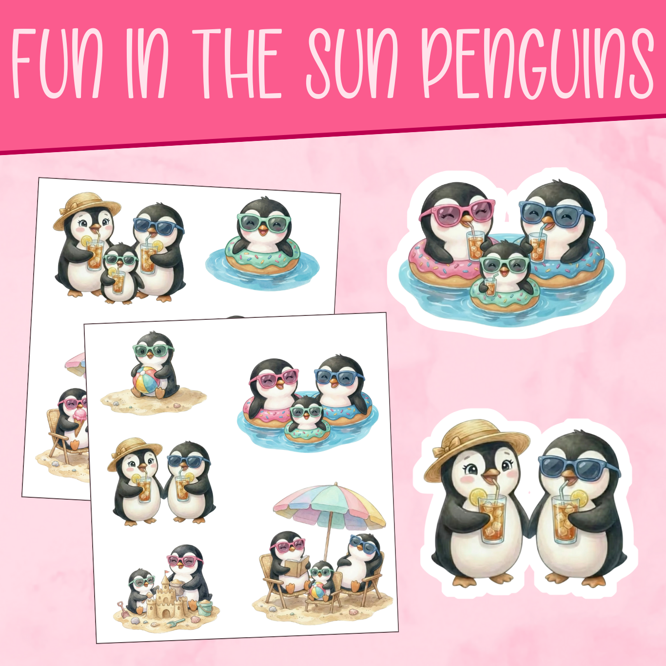 Illustrations of penguins enjoying a sunny day with beach accessories on a pink background.
