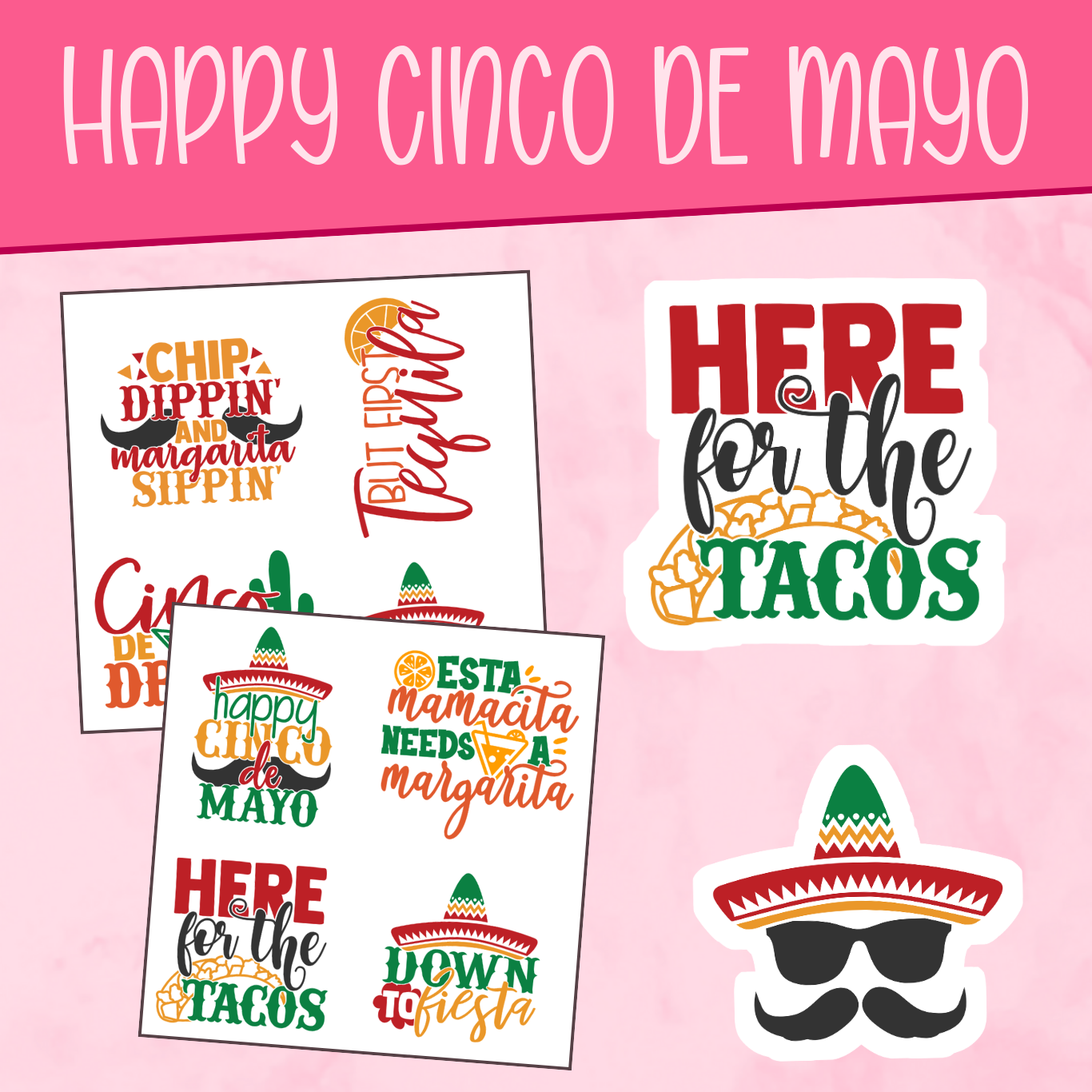 Set of Cinco de Mayo-themed stickers with colorful text and graphics on a pink background.
