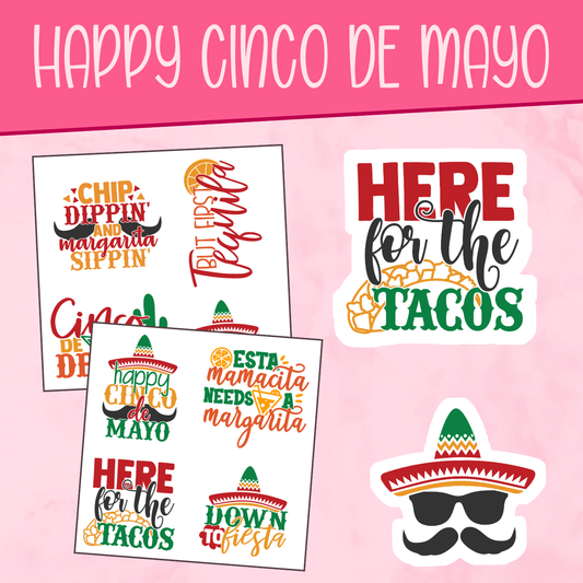 Set of Cinco de Mayo-themed stickers with colorful text and graphics on a pink background.