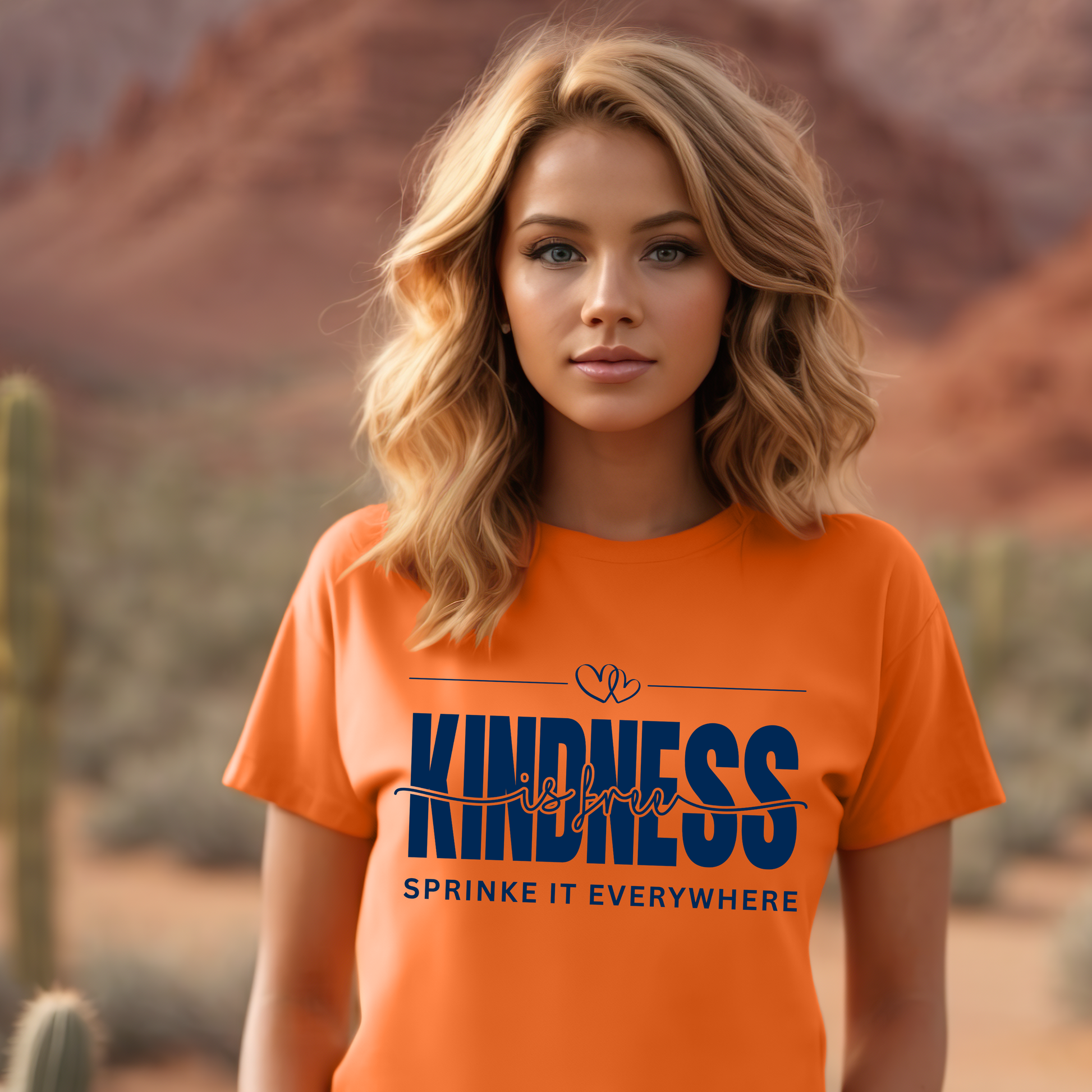 Woman wearing an orange t-shirt with a motivational message in a desert setting