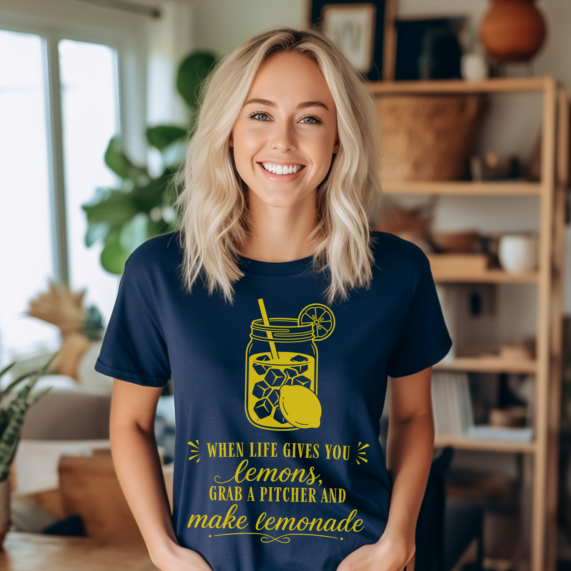 Person wearing a navy blue t-shirt with a yellow graphic and text in a home setting