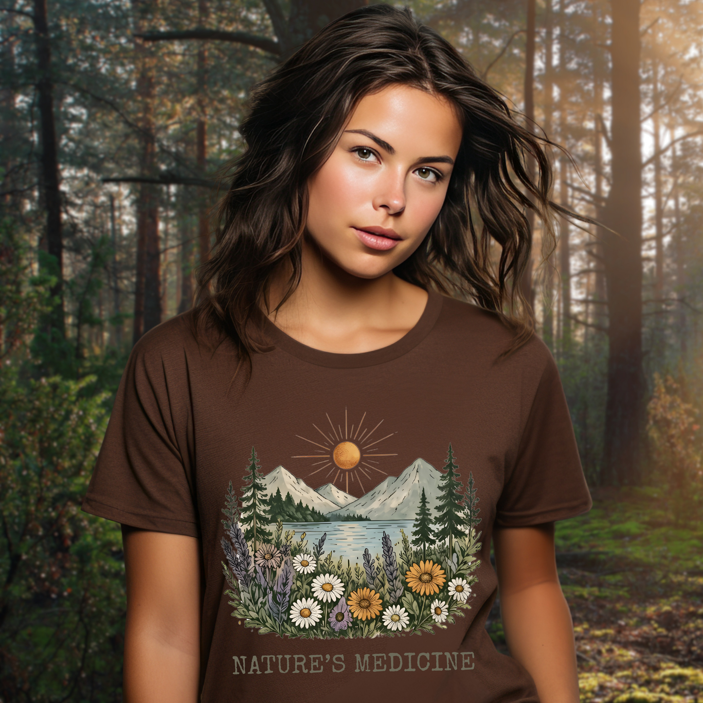 Woman wearing a brown t-shirt with nature-themed design in a forest setting