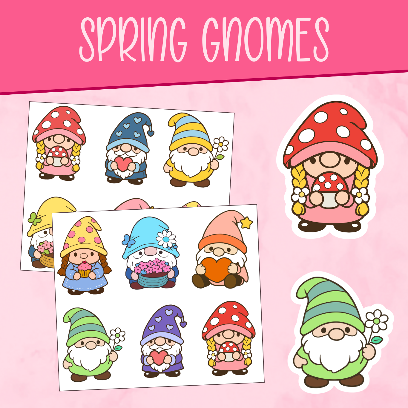 Colorful spring-themed gnomes on a pink background with 'Spring Gnomes' text.