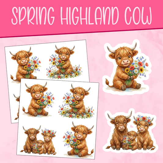 Illustrations of highland cows with flowers on a pink background, labeled 'Spring Highland Cow'.