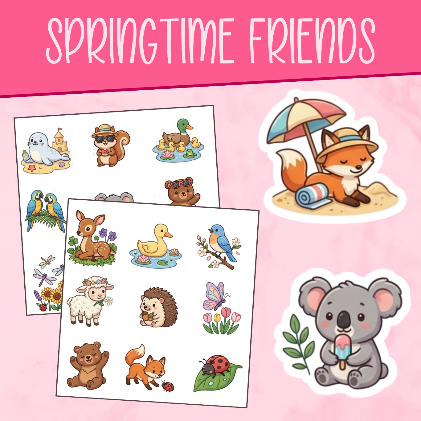 Set of spring-themed stickers featuring animals and nature on a pink background with 'Springtime Friends' text.