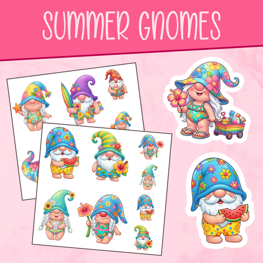 Colorful summer-themed gnomes on a pink background with 'Summer Gnomes' text.